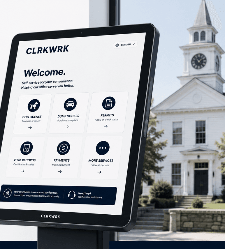 A ClerkWrk self-service kiosk in front of a New England town hall