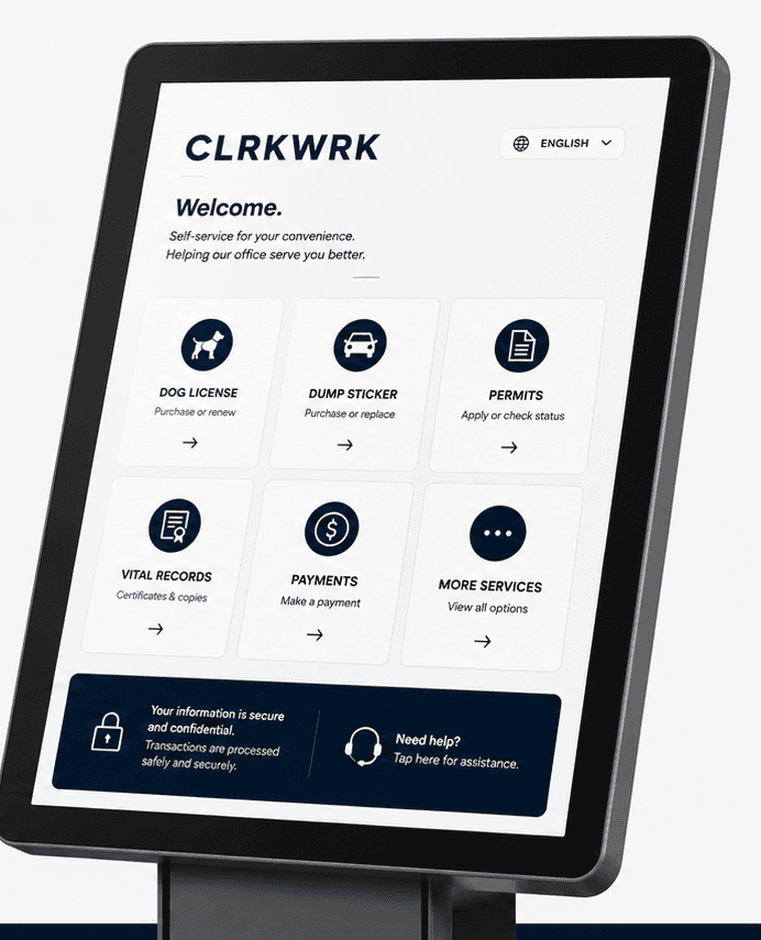 The ClerkWrk kiosk welcome screen